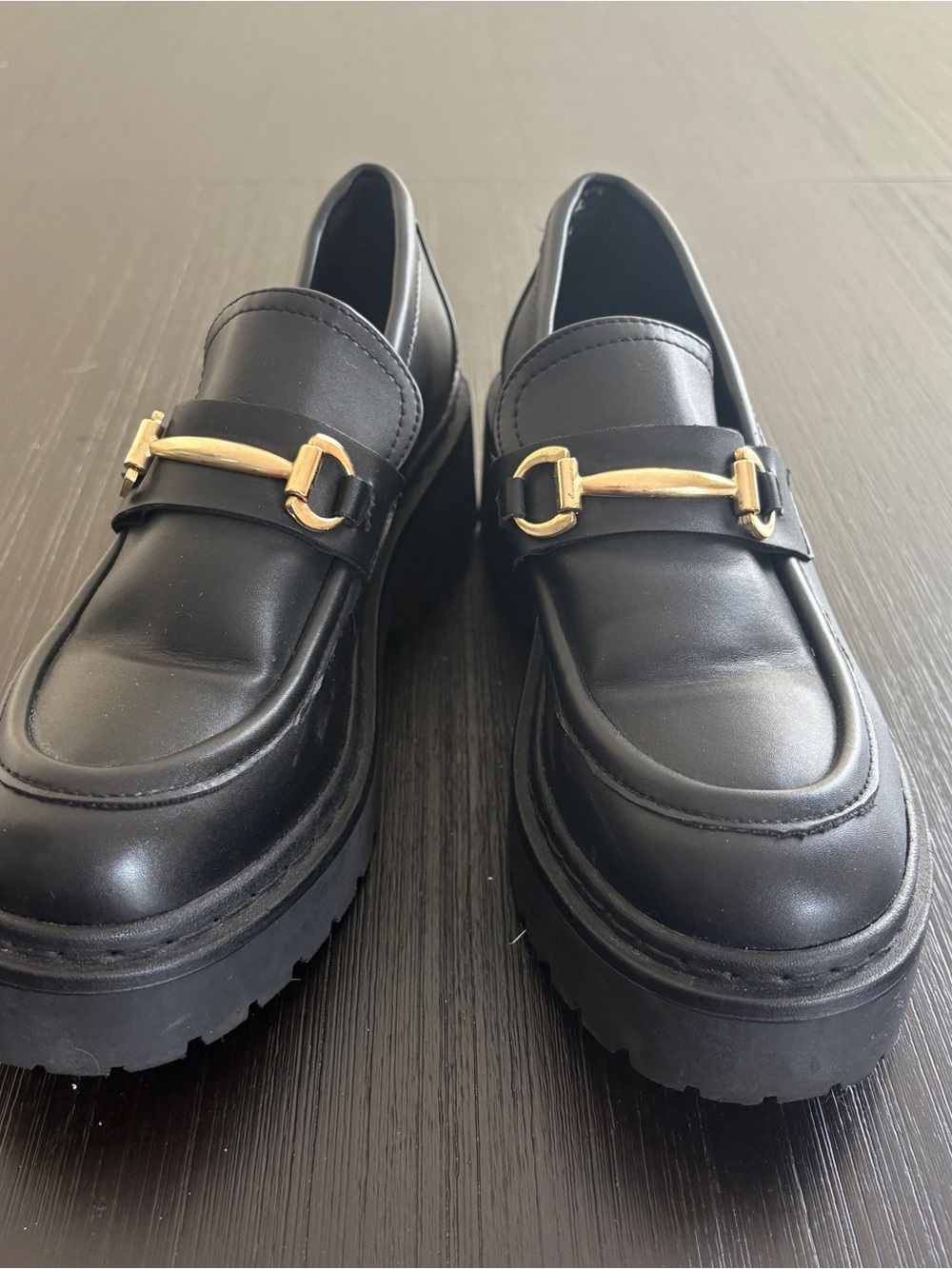 Steve Madden Black Leather Loafers with Gold Hardware